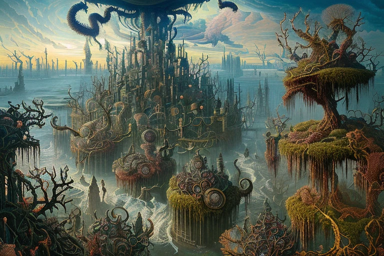 This horror art illustration is hyper-detailed, Mythical Landscape, viewed from a wide-angle perspective from top to bottom. The scene depicts a chaotic city, surrounded by thorns, and a polluted river, leading to a terrible waterfall.. The sky is filled with polluted madness, adding to the eerie and haunting atmosphere of the piece. The artwork was created in collaboration between artists by Michael Whelan, DAN SEAGRAVE, and Marcos Miller, showcasing their collaborative prowess in creating surreal and horror elements. Intricate details throughout the piece make it a hyper-detailed and haunting depiction of a polluted and dystopian world.