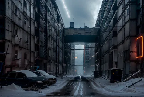ground view, (ciberpunk) street with large buildings, RussianEbenya, dark evening, night time, snowing, filmstill, (neon lights)...
