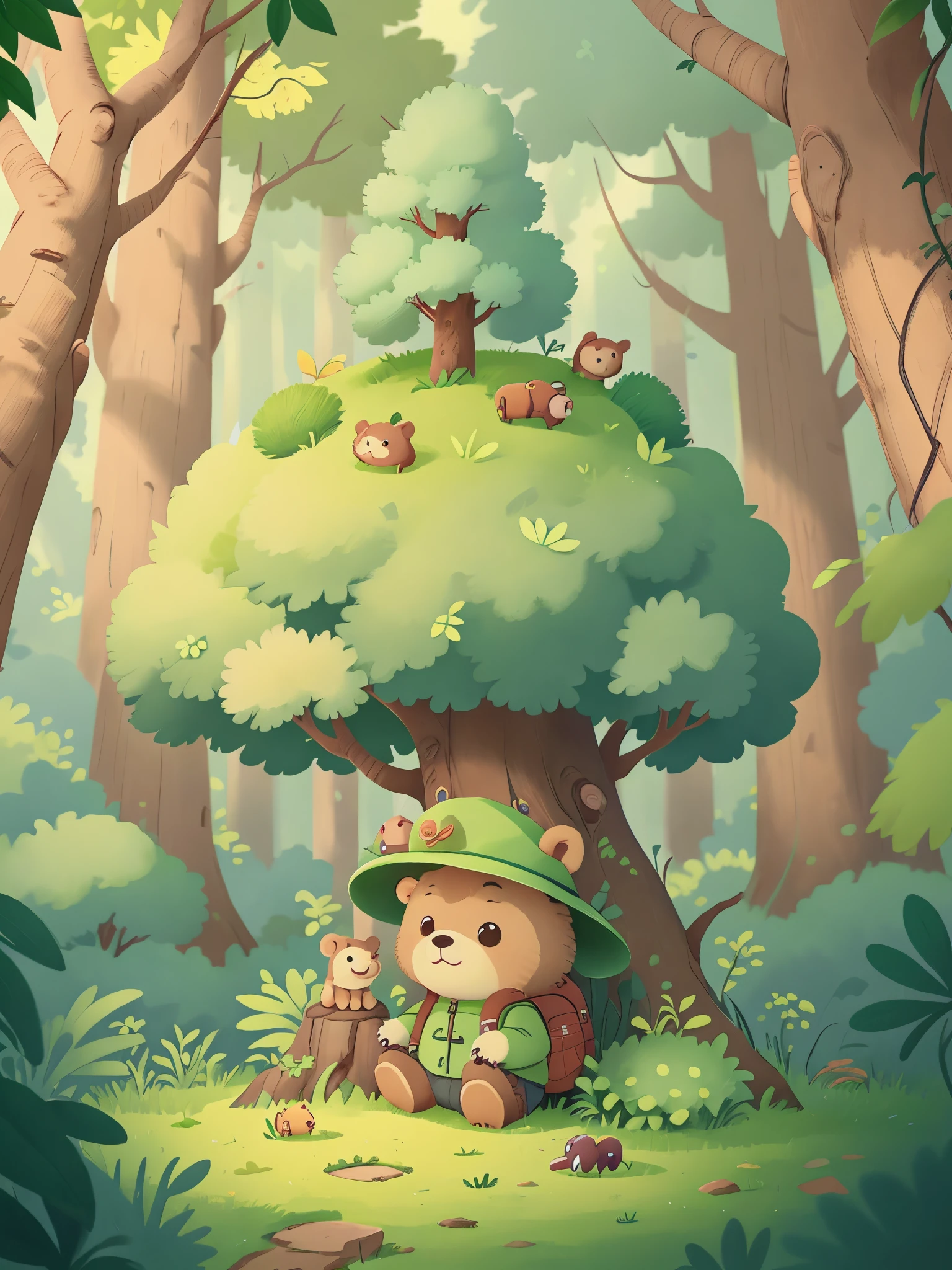 작고 호기심 많아 보이는 곰이 무성한 숲 속 큰 나무 아래 앉아 있습니다.，그 옆에는 작은 배낭과 작은 모자가 있습니다。