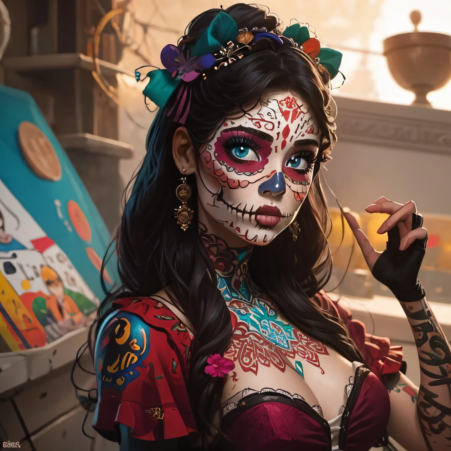 美丽的墨西哥女孩, 令人驚嘆的臉, 臉部肖像照片, J·斯科特·坎貝爾風格, 8K, 超銳利, 骷髏妝