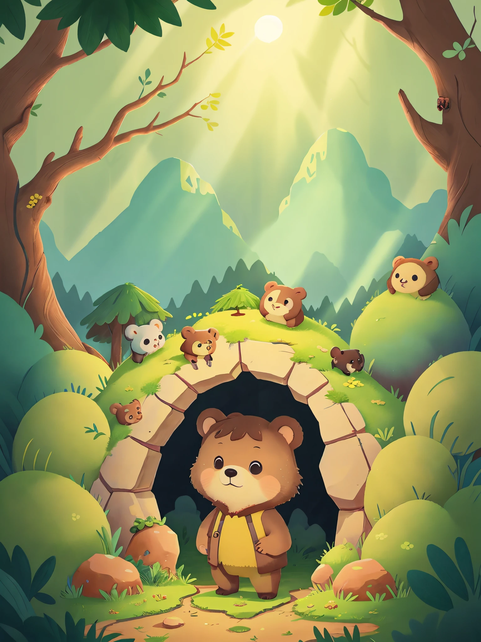 洞窟の入り口に立つ小熊，遠くを見る。太陽，山の層，きらめく露，