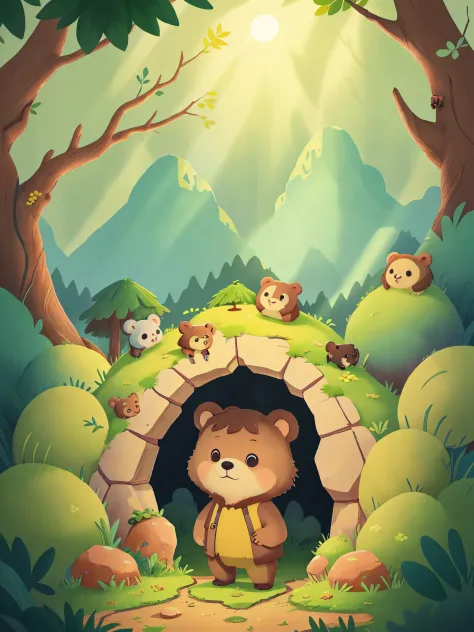 Little bear standing at the entrance of the cave，Look into the distance。Sun，layers of mountains，Dewdrops twinkling，