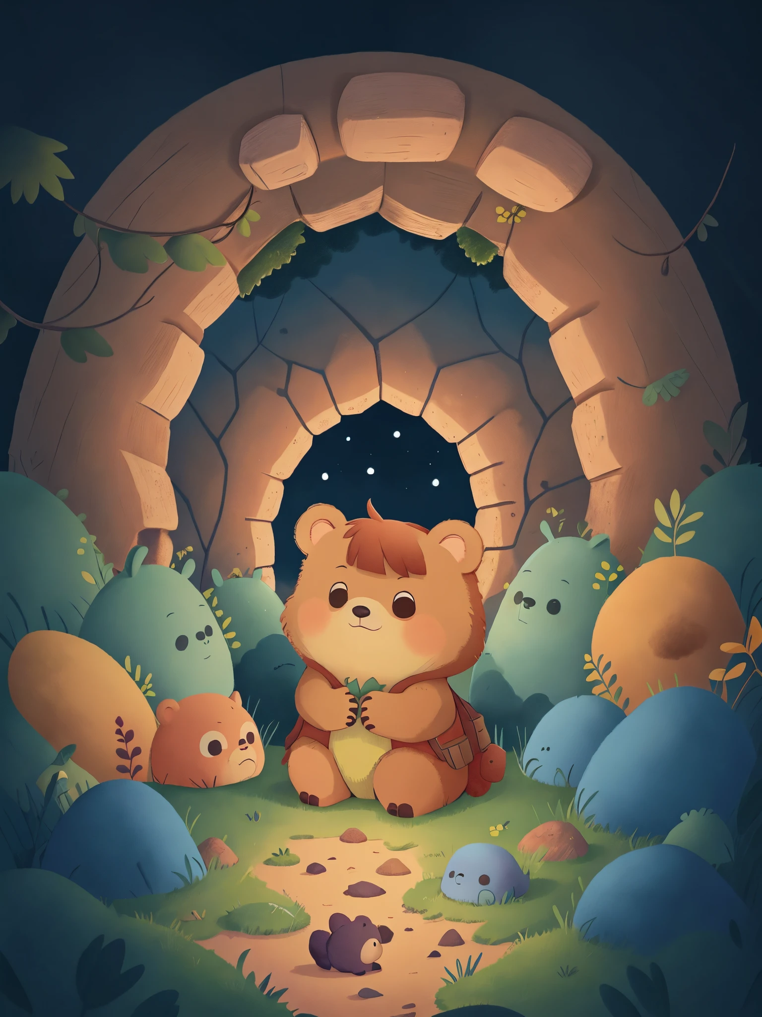 밤이되자，따뜻한 동굴에 껴안고 있는 작은 곰，바깥 하늘에는 별이 가득하다，