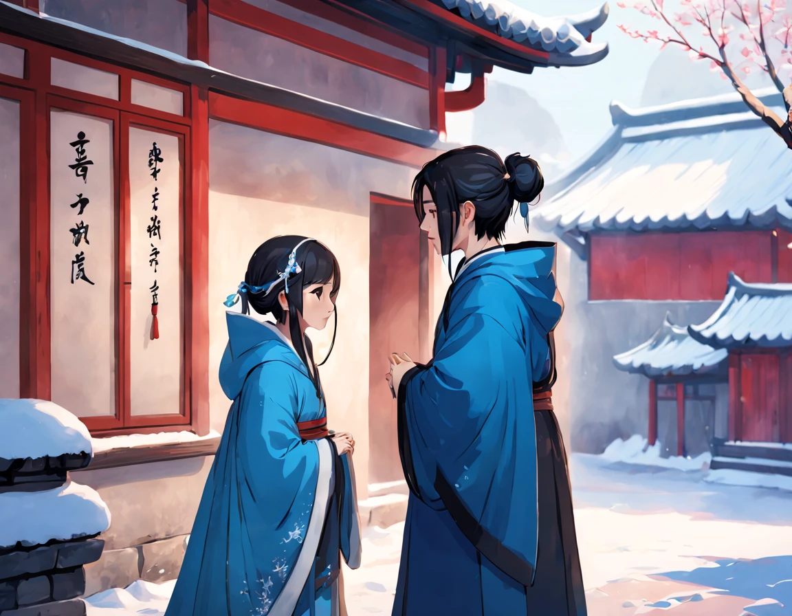 ancient china, a courtyard house, snow, tree, a girl and a boy standing face to face in the courtyard, the boy is wearing hanfu, the girl is wearing a blue cloak with hood, the girl and the boy have ancient-style black hair, the boy is a bit higher than the girl