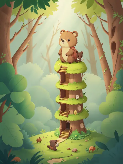 Little bear follows friends in the forest，Climb to the high observation deck，forest overlooking，