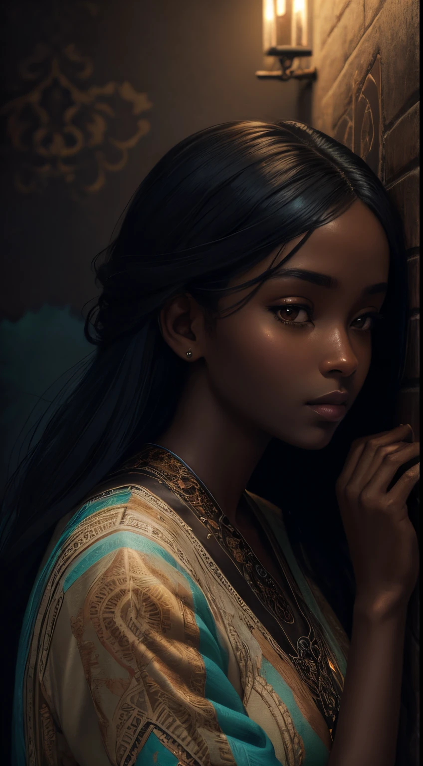 Un bref moment de calme, Beau black woman with cinnamon skintone, peau sombre, vêtements en dentelle de couleur neutre contre les couleurs vives d&#39;une tapisserie murale. Portrait réalisé avec un éclairage pêche et cyan , détaillé complexe , dans le style de James Jean et Thomas Kincaid , Clair-obscur, style artistique wabi sabi , obscure, Beau, chef-d&#39;œuvre, behance gagnant, peinture à l&#39;huile, le romantisme