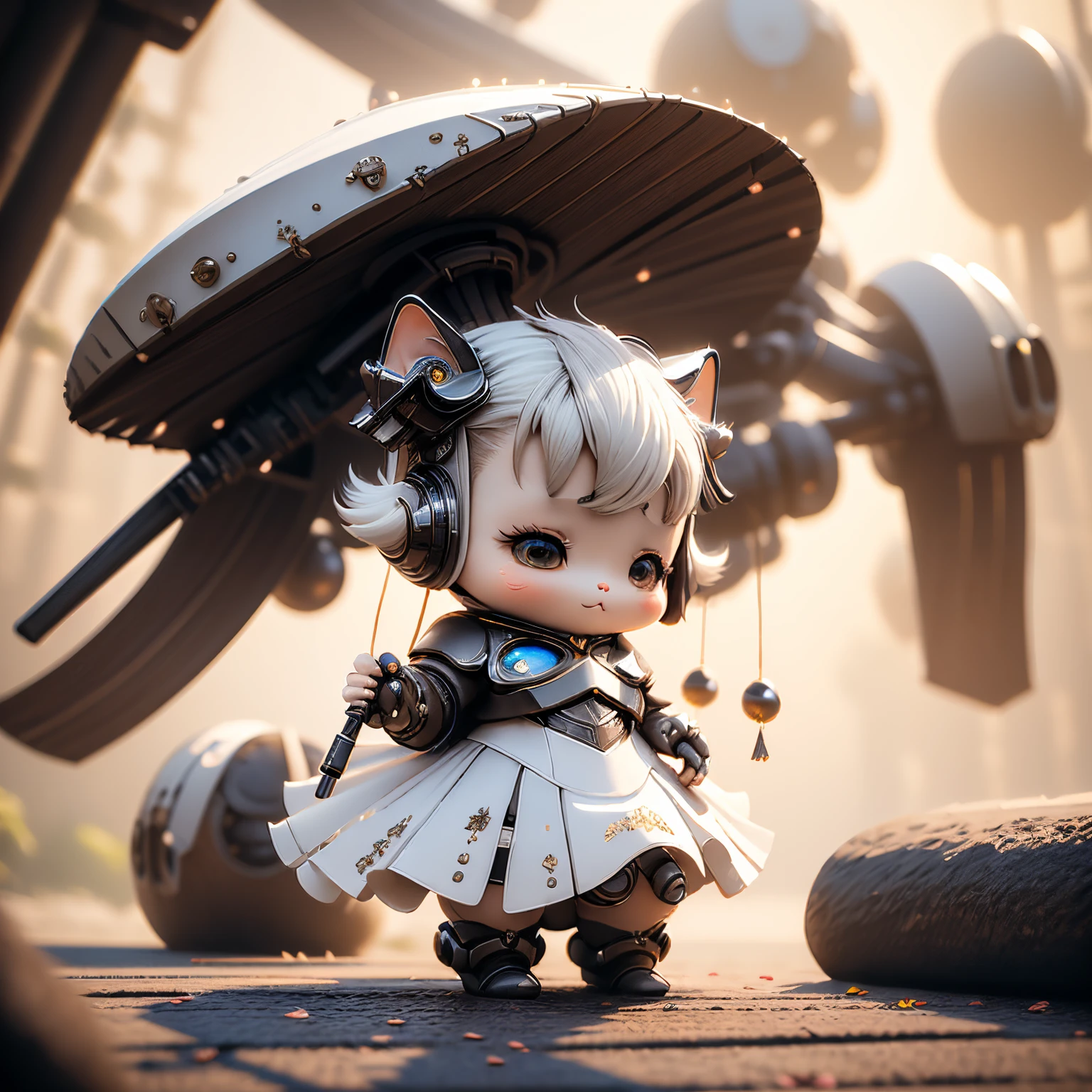 ​masterpiece、top-quality、ultra-detailliert、(Chibi Chara's Daughter:1.3), (White theme:1.3), (Cyber future design concept:1.4), (white high neck futuristic cyber dress, flare sleeve, flered skirt, Bare shoulder:1.5), (Metallic fabric with built-in LED light:1.3), (Hair ornament inspired by the cyber future:1.3), BREAK
( Cyber futuristic city inspired on white background:1.5), (Blurry:1.4),Chibi Chara Anime