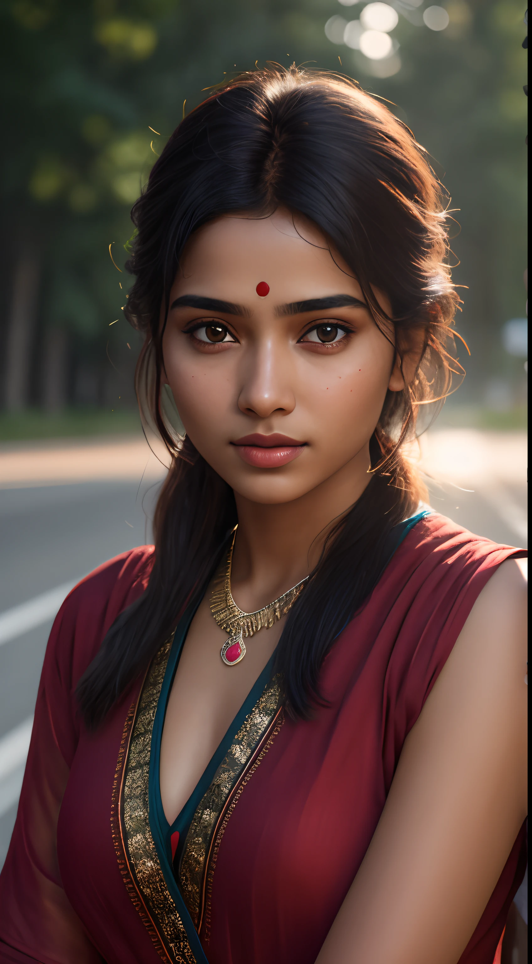 Joven india, 18 años, Blusa roja, iluminación suave, detalles faciales intrincados, tez perfecta, renderizado 3D de primer nivel, Híper realista, baleado en la carretera india. Fotorrealista digital art trending on Artstation 8k HD high definition detallado realistic, detallado, textura de la piel, hyper detallado, realistic textura de la piel, armadura, mejor calidad, resolución ultra alta, (Fotorrealista:1.4),, alta resolución, detallado, foto en bruto, cámara 400 f1.6 lentes de colores intensos textura realista hiperrealista iluminación espectacular motor irreal tendencia en artstation cinestill 800