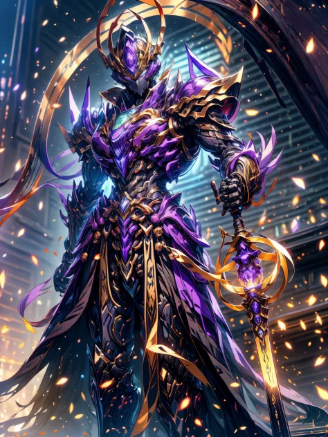 super wide shot, Full body frontal photo,Mecha male warrior，Heroic style of the Three Kingdomech color: Purple deep series》，（《Romance of the Three Kingdoms》，《Sima Yi》，Magic weapon in hand，），（Full body mecha）, Keqing from Genshin Impact, (Masterpiece) ， The...