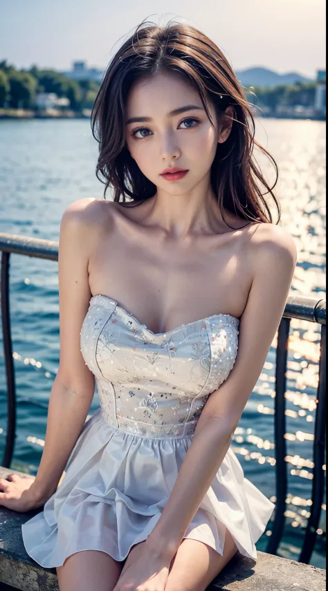Sweet girl clothes4,strapless dress,jewelry, fashi-girl, red lips, mature female, makeup, Big eyes. Pretty eyes, ((Random shooting angles)), (best quality, masterpiece:1.2), ultra-detailed, (realistic:1.37), beautiful, youthful, glamorous model with (detai...