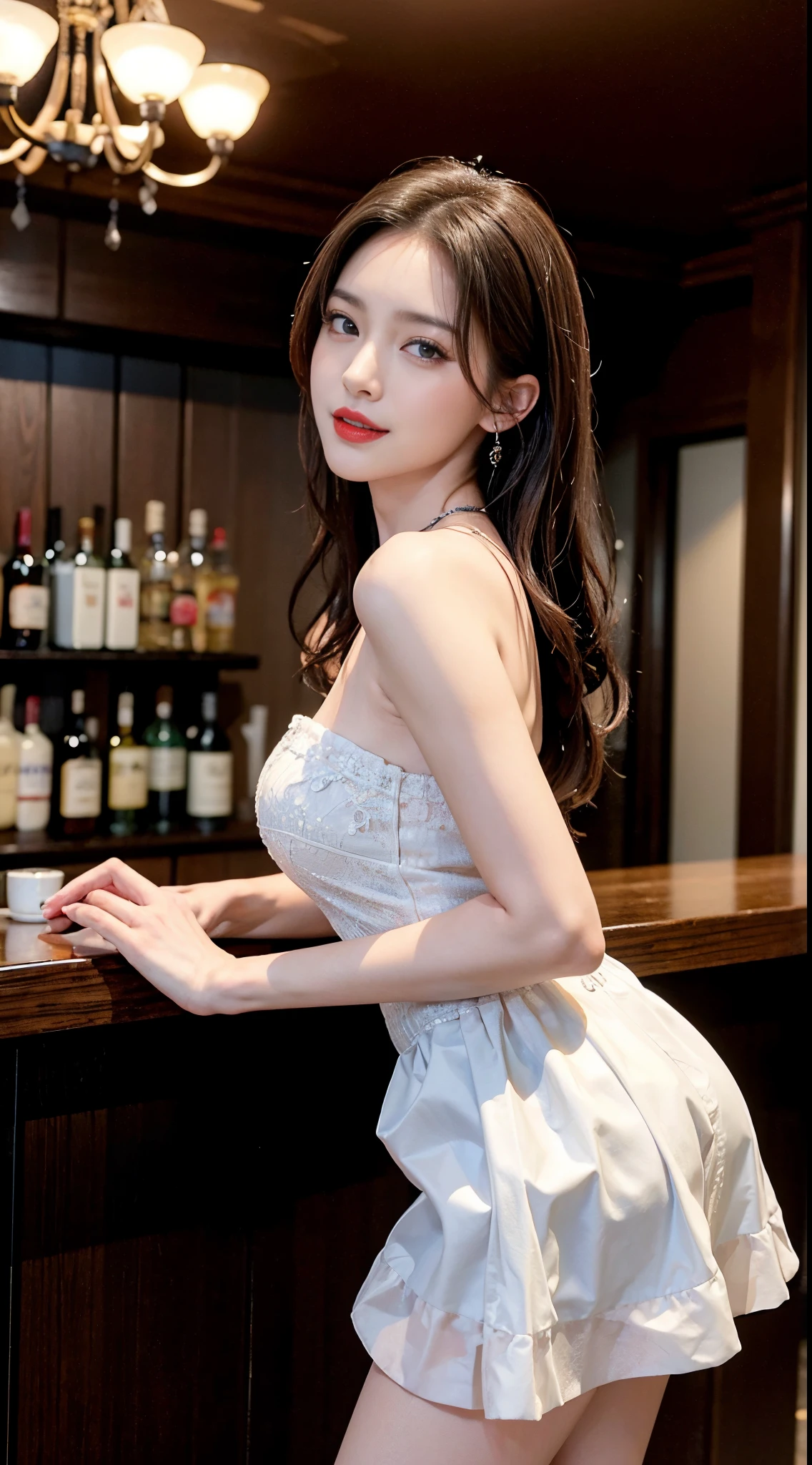 A close up of a woman in a white dress standing in front of a bar - SeaArt  AI