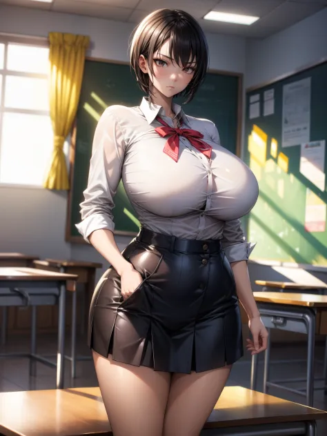 Solo best quality, masterpiece, extremely detailed CG, extremely detailed 8K wallpaper, indoors, classroom, masterpiece, best quality, extreme detail, Sharp anime style, sharp focus, intricate details, 1girl, huge breasts, highres, white school shirt, navy...