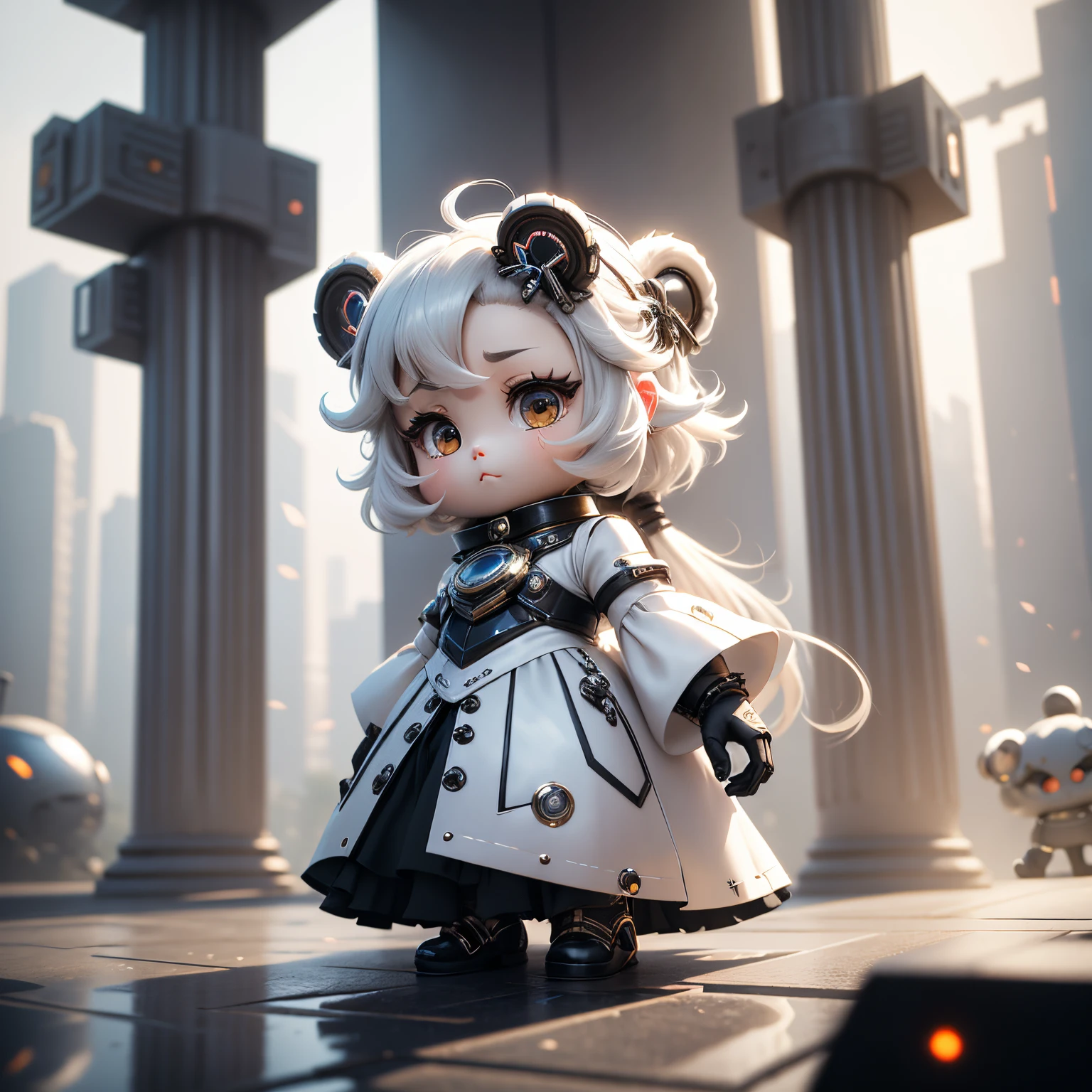 chef d&#39;oeuvre、qualité supérieure、ultra-détaillé、（La fille de Chibi Chara：1.3），（thème blanc：1.3），（conception du futur cyber：1.4）（cyberrobe blanche à col montant，manche évasée、jupe à fleurs、Ours：1.5），（Tissu métallisé avec lumière LED intégrée：1.3），（Ornement pour cheveux inspiré du cyber-futur：1.3），（Ville cyber futuriste sur fond blanc：1.5），（flou：1.4），personnage chibi anime 3d