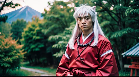（of a guy, inuyasha, ((upper body, head turned to the side)), japanese forest with a shrine in the background,daytime, standing,...