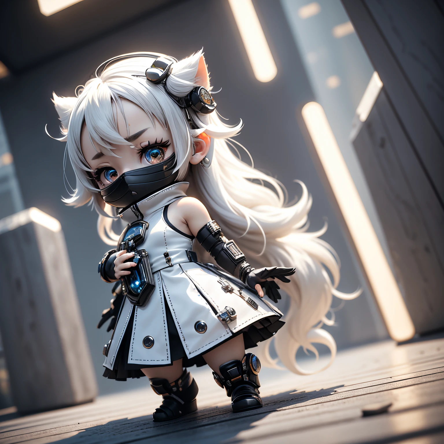 chef d&#39;oeuvre、qualité supérieure、ultra-détaillé、（La fille de Chibi Chara：1.4），（thème blanc：1.3），（conception du futur cyber：1.4）（Cyber-robe blanche à col haut, jupe sans manches rare、Épaules nues：1.5），（Tissu métallisé avec lumière LED intégrée：1.3），（Ornement pour cheveux inspiré du cyber-futur：1.3），（Ville cyber futuriste sur fond blanc：1.5），（flou：1.4），personnage chibi anime 3d