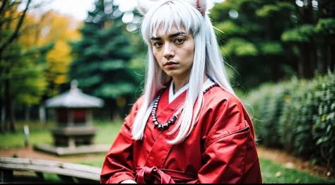 inuyasha, upper body, japanese forest with a shrine in the background, daytime, standing, detailed eyes, detailed face, handsome...