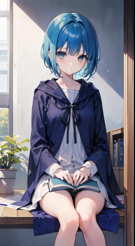 1girl in,teens girl,小柄,small tits,Blue hair,short-haired,straight haired,Okappa,deadpan,atlibrary,ultrasharp, 8K, masutepiece,Holding your knees,Physical education sitting,read a book,cloaks,robe,the witch