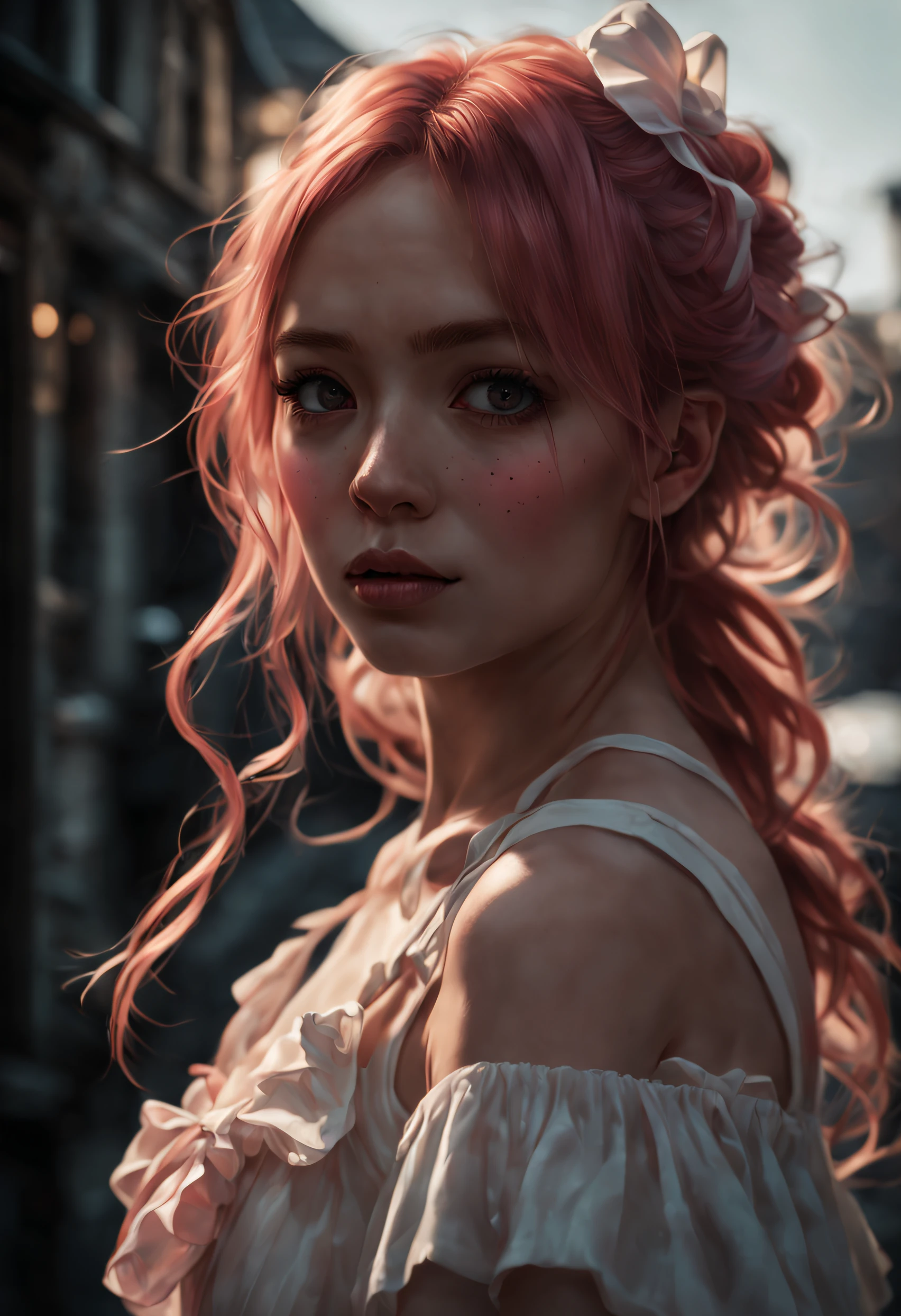 red green black eyes, rutkowski repin, wlop, natural pink hair realistic , image, bokeh, night, of an incredibly beautiful happy, woman anime style , large pefect eyes Jean-Baptiste Monge style, with highlights in her eyes, light freckles pink and white frilly dress and plaited hair with ribbons stanley artgerm lau style, wlop style, rossdraws style, outdoor hyper detailed , (((rich dark shadows))), Wlop, Artgem , artstation, cgsociety, 8K UHD, HDR