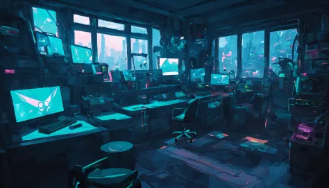 cyberpunk style cluttered room. more neon. many machines with unknown uses. large windows with an open feel. it's sunny outside....