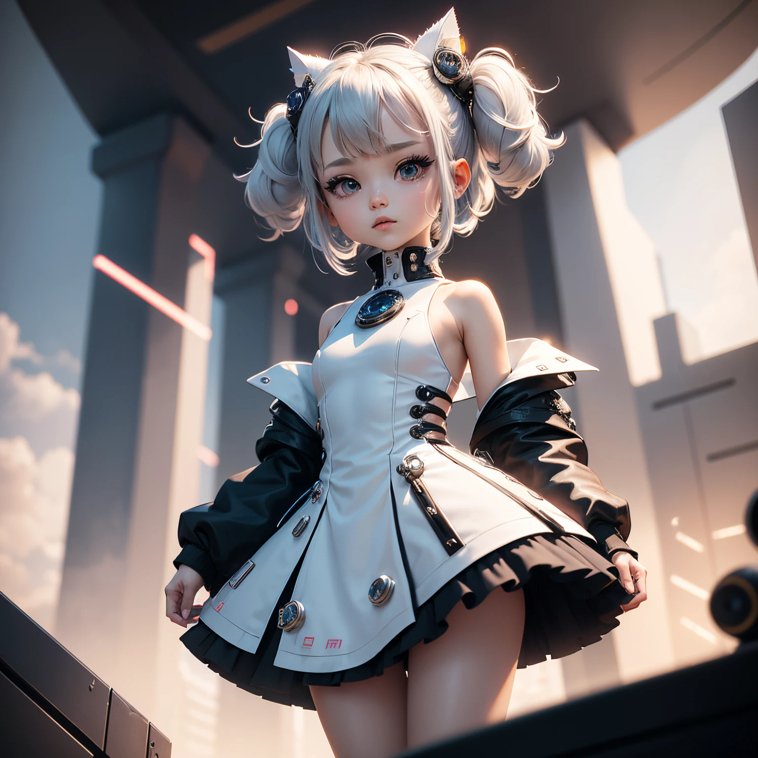 chef d&#39;oeuvre、qualité supérieure、ultra-détaillé、（La fille de Chibi Chara：1.4），（thème blanc：1.3），（conception du futur cyber：1.4）（Cyber-robe blanche à col haut, jupe sans manches rare、Épaules nues：1.5），（Tissu métallisé avec lumière LED intégrée：1.3），（Ornement pour cheveux inspiré du cyber-futur：1.3），（Ville cyber futuriste sur fond blanc：1.5），（flou：1.4），personnage chibi anime 3d