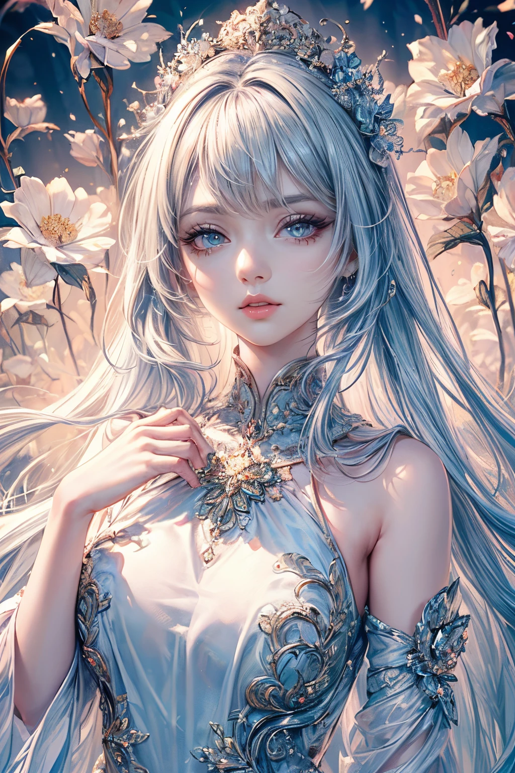 (best quality, 8K, CG, beautiful detailed upper body, , thumb girl, taffeta court dress, floral background, intricate facial features, flowing long hair, almond-shaped eyes, elaborate eye makeup, long fluttering eyelashes, blinking big eyes with starry gaze, exquisite lip details, softly harmonious style)