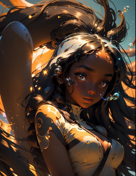 depth of field, masterpiece, best quality, 1 black girl with dark skin, black hair, brown eyes,  long hair,  solo, looking at viewer, dappled sunlight, girl with Bubbles ,glowing color, bright colors, luminescence, Vector Illustration Style, Crazy details,...