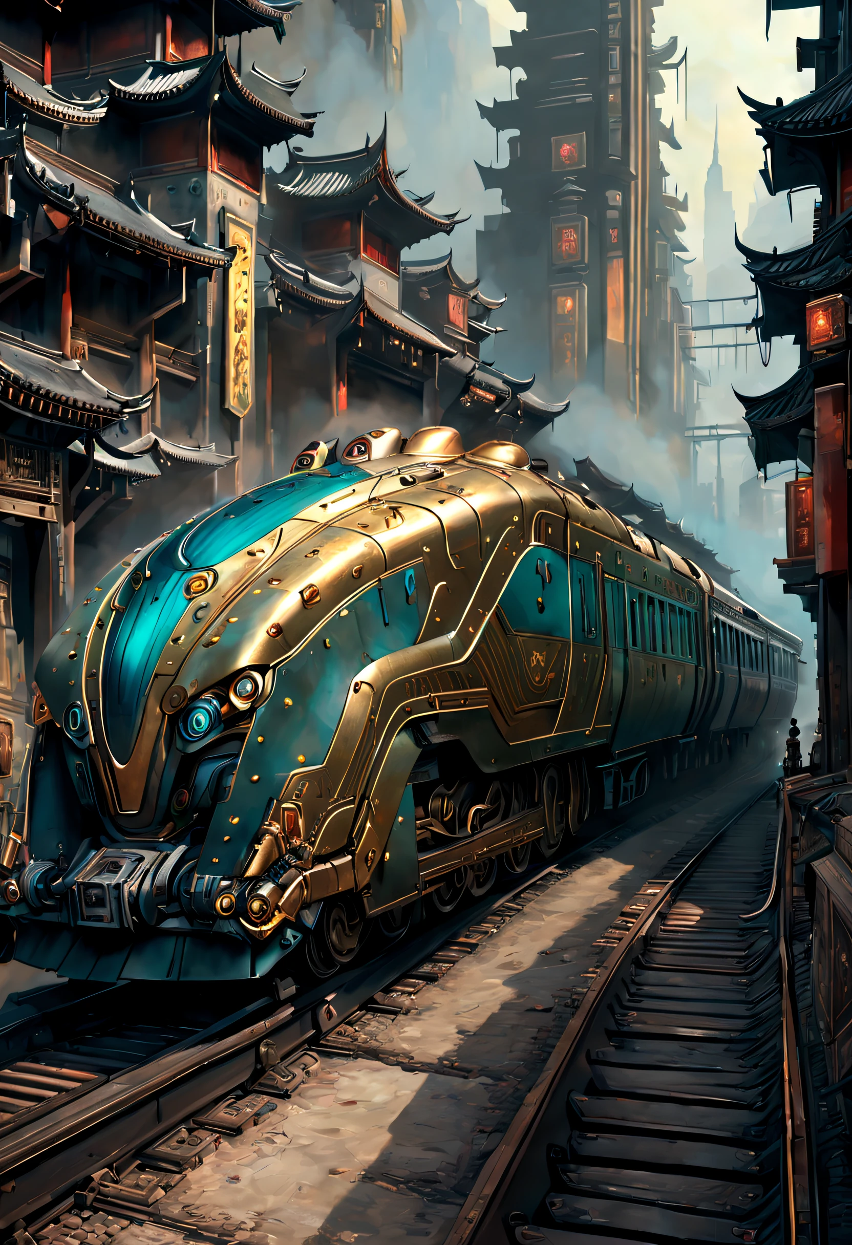 中国の古代都市を通過するSF列車の絵画，線路の上に立っている人々, スティーブン・コーデルに触発されて, 素晴らしいコンセプトペインティング, クレイグ・マリンズグレッグ・ルトコスキ, クレイグ・マリンズ, Inspired クレイグ・マリンズ, 非常にリアルなコンセプトアート, Dappled lighting クレイグ・マリンズ, 蒸気機関マット塗装, ジェームズ・ガーニーの絵画スタイル, 非常に精細な4Kペインティング, クレイグ・マリンズスタイル