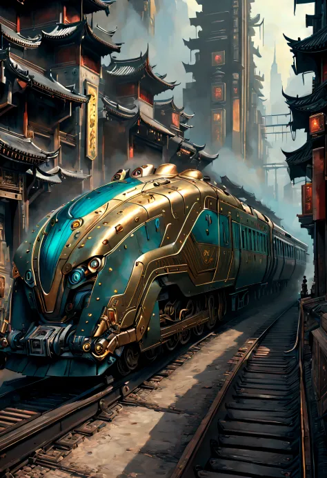 A painting of a sci-fi train passing through an ancient Chinese city，people standing on railroad tracks, Inspired by Stephen Cor...