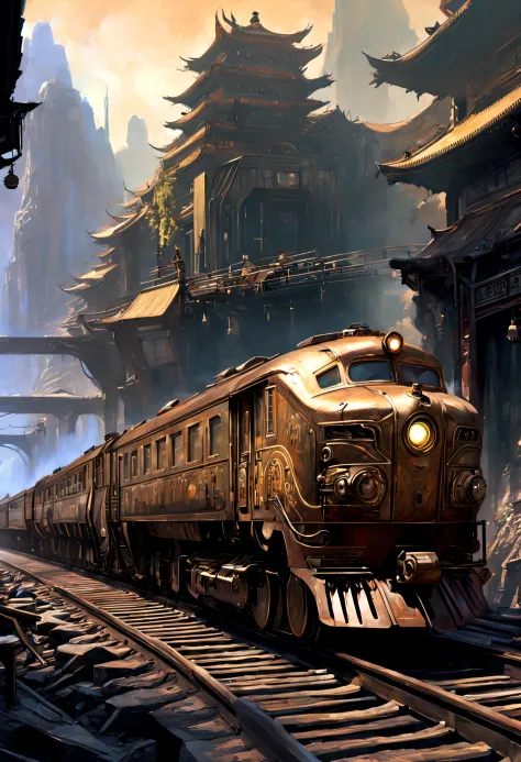 A painting of a sci-fi train passing through an ancient Chinese city，people standing on railroad tracks, Inspired by Stephen Cor...