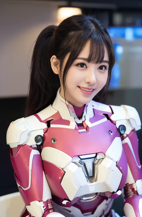 （ultra best quality、in 8K、masuter piece、delicate illustration、full body Esbian）,(Dark pink、white iron man suit.: 1.3), 、Beautiful and bewitching Japanese office lady、Plump body、Colossal tits、A dark-haired、poneyTail、The best smile、s Office、laying on back