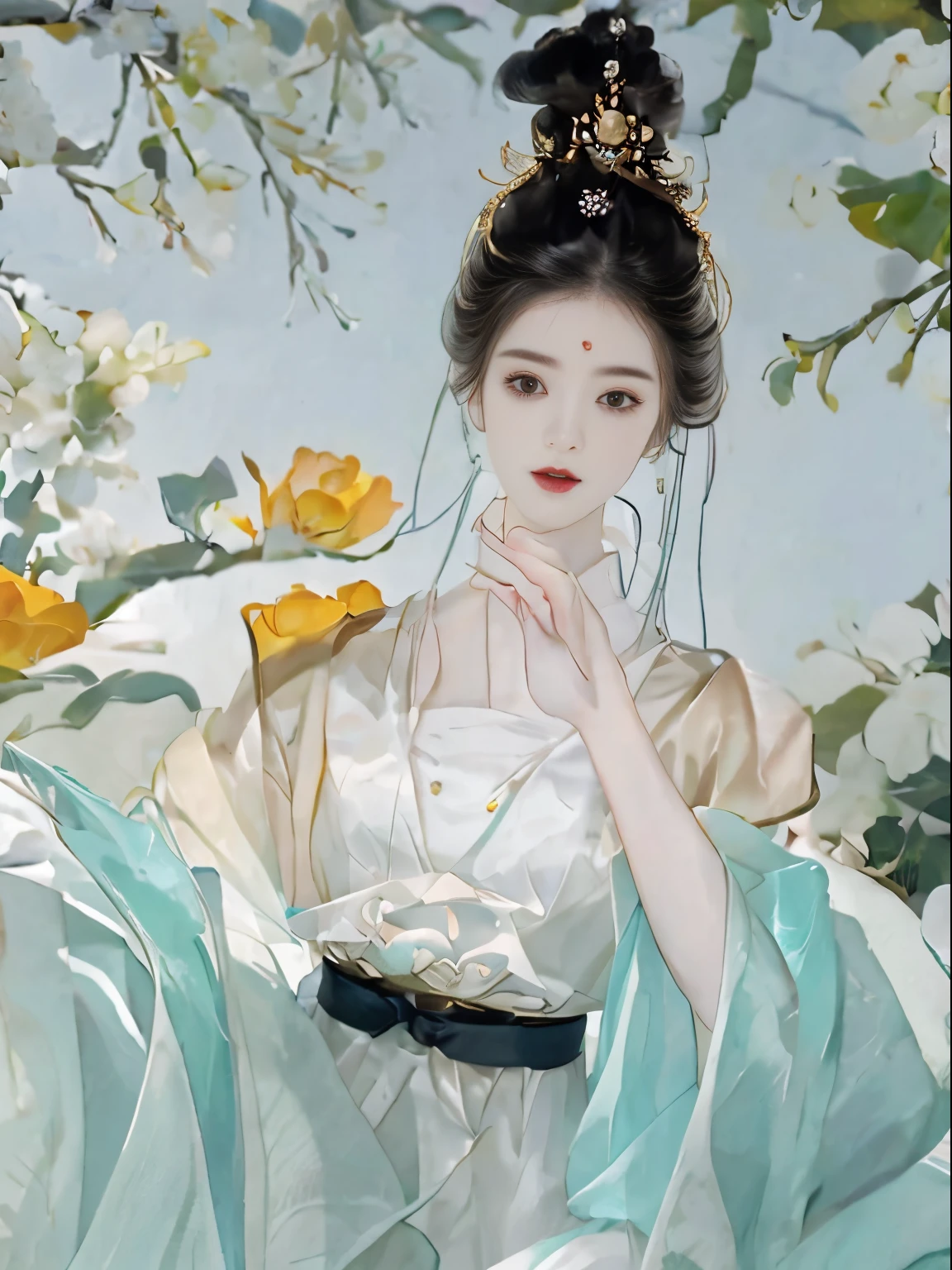 An ancient maiden，Sunshine Girl，exquisite facial features，Have a well-proportioned figure，Wearing ancient Chinese Hanfu，k hd