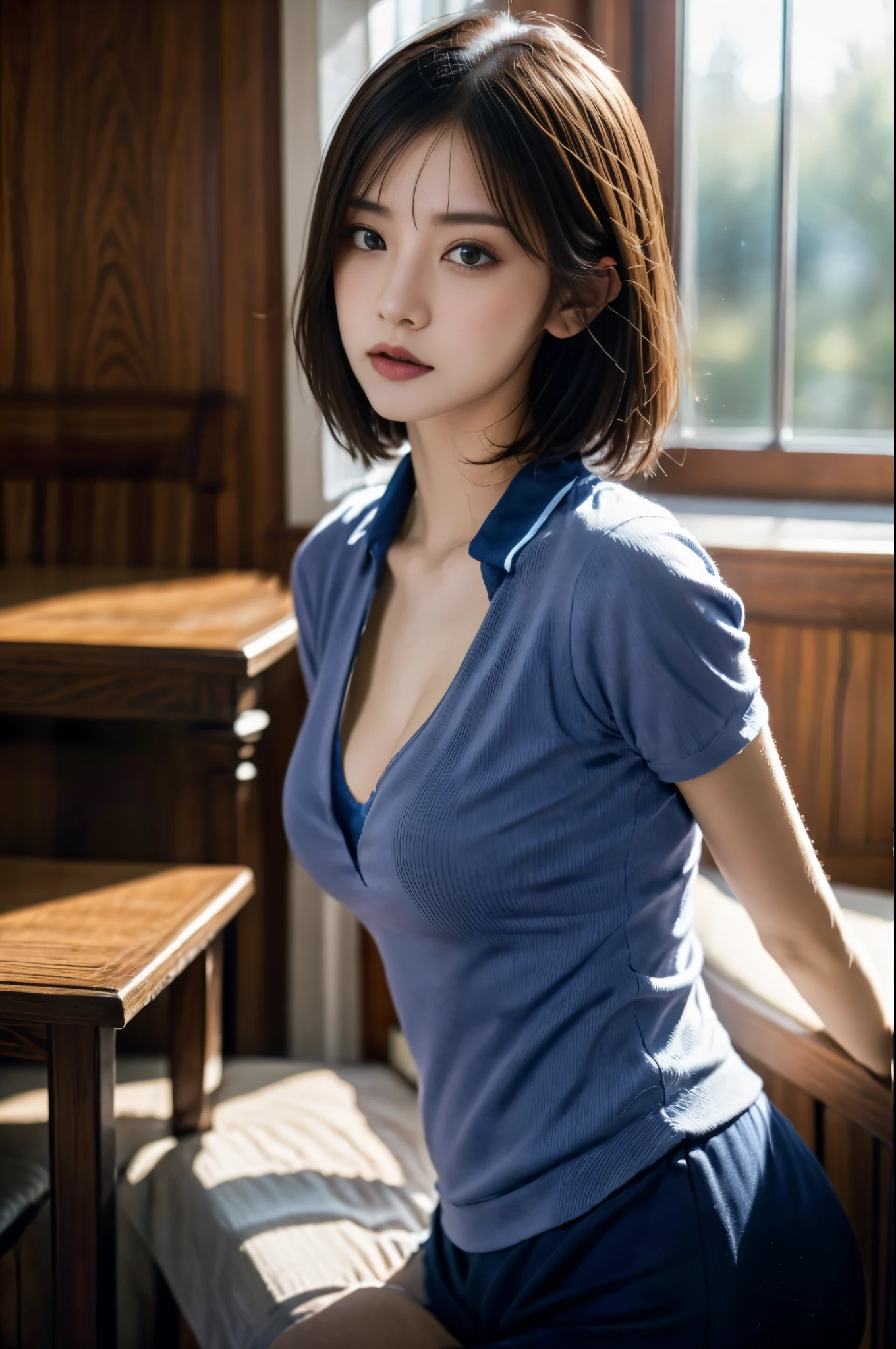 top-quality、​masterpiece、超A high resolution、Raw photography、(Photorealsitic:1.4)、女の子1人、A detailed face、cowboy  shot、(White shirt with blue collar、Blue sweatpants)、Unbuttoned clothes、cleavage of the breast、(Constricted waist) :1.2)、short-haired、at the library、bokeh dof、Beautiful light inodell pose、
