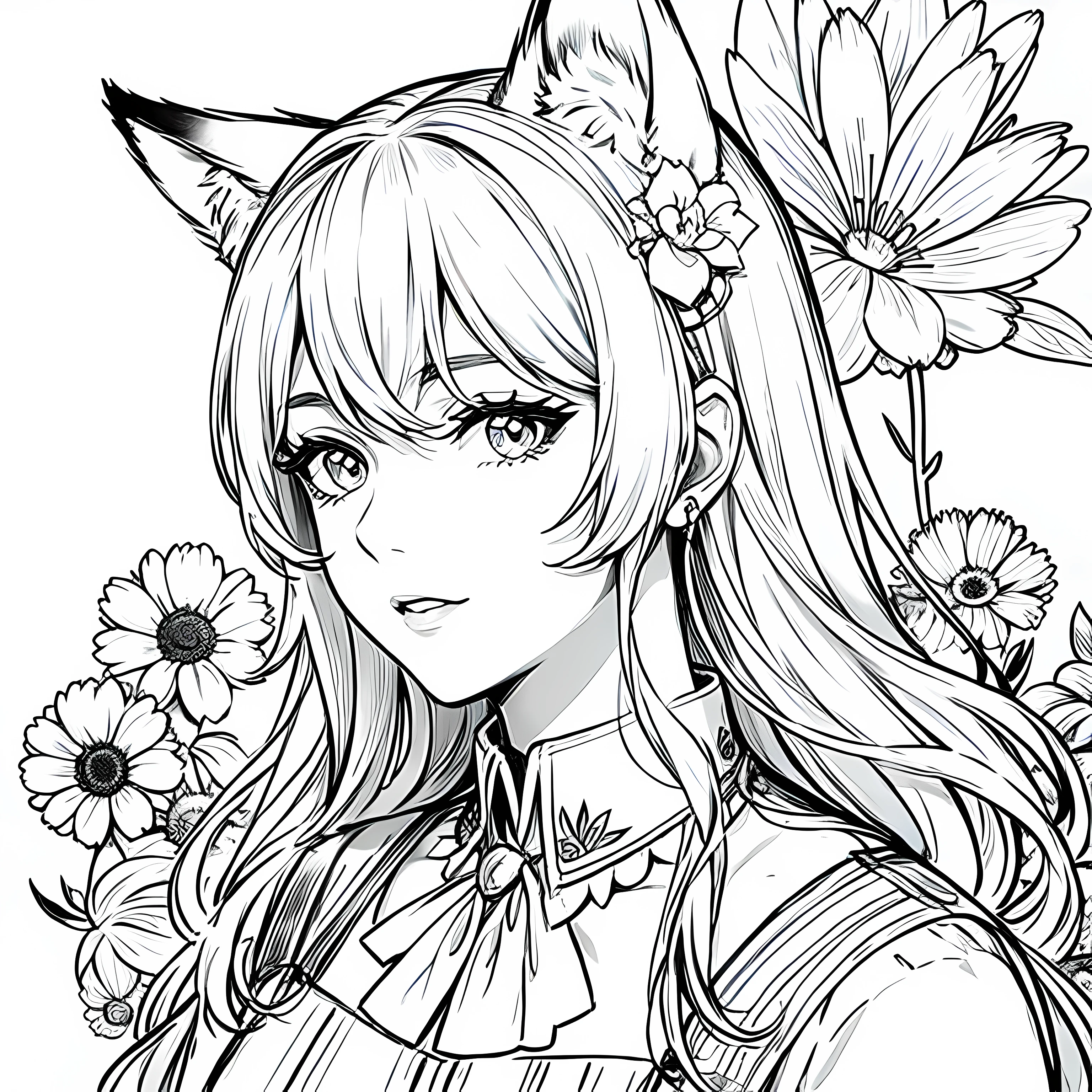 masterpiece, superlative, fox ears, male , solo, bust closeup, flower line drawing background, white background, monochrome, line drawing, ((sketch))