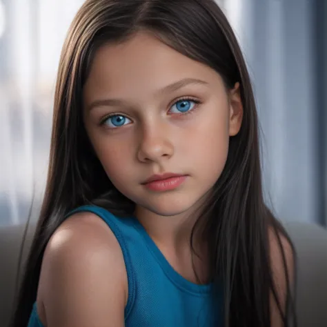 Menina russa de 10 anos mostrando coxas, longos cabelos pretos e olhos azuis, corpo pequeno、textura natural da pele, Hiper-realismo, senario studio Cinematic lighting, high resolution photo,