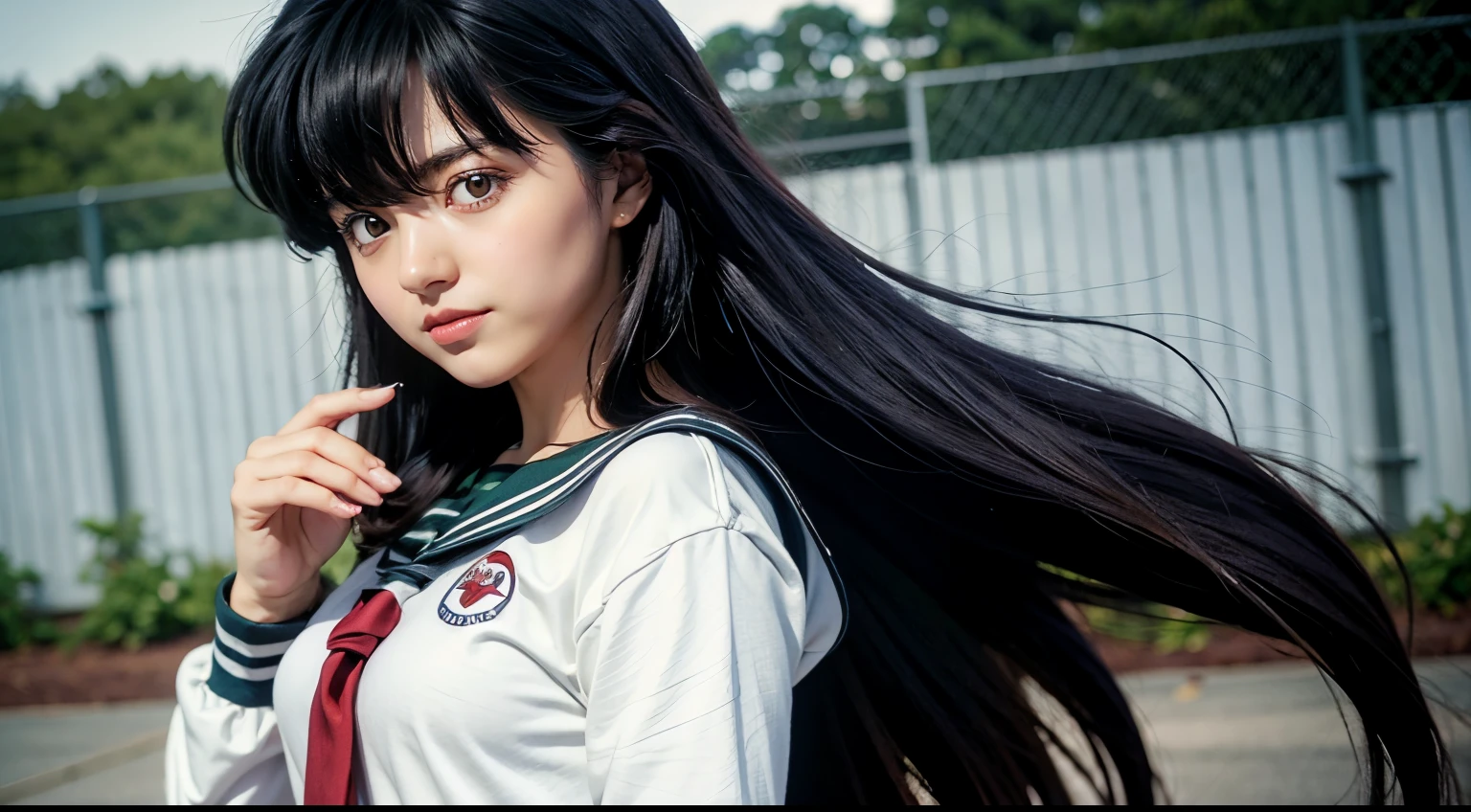 1girl, Kagome Higurashi, brown eyes, upper body, perfect eyes, perfect face, perfect lighting, outdoors, warm colors, school uniform,