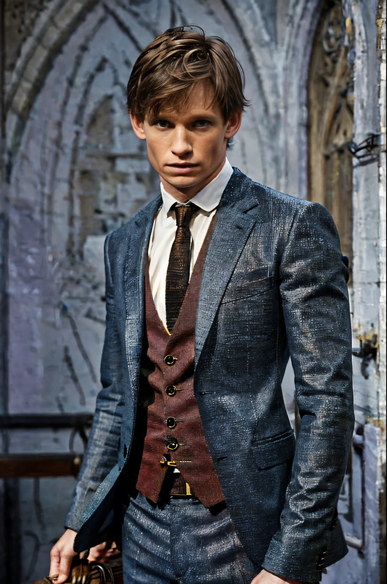 gothic art, lightand shade contrast, Standing painting, estimate, holland angle, emphasis lines, tmasterpiece, acurate, Anatomically correct, A high resolution, Best quality at best, super detailing, Award-Awarded，Eddie Redmayne（Eddie Redmayne），Exquisite suit，british actor，University of Cambridge，half-body portrait，