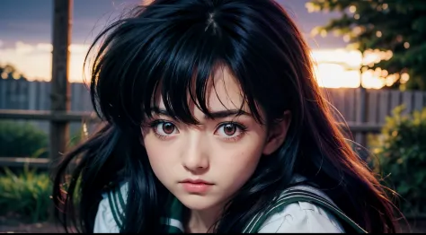 1girl, Kagome Higurashi, brown eyes, upper body, photorealistic, (hyperrealistic:1.2), perfect eyes, perfect face, perfect light...