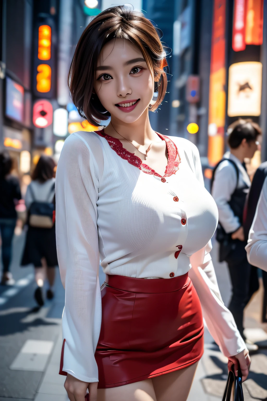 ((The ultimate beautiful Japanese woman)), 50 generations, Soft light, bobhair, A detailed eye, (big eye:1.3), Detailed lips, extremely detailed eye and face, beautiful detailed nose, Beautiful detailed eyes, long eyelashes, Light on the Face, grin, (Separated lips:1.2), (Beautiful white teeth:1.3), Mature Face, (lilac blouse:1.3)、(Tight micro mini skirt in red:1.4), ((large full breasts)), Realistic face, Realistic body, Beautiful detailed thighs, thighs thighs thighs thighs、(Cowboy Shot:1.3), ((depth of fields：((The city of Ginza, tokyo prefecture))、(Raw photo, Best Quality), (Realistic, Photorealsitic:1.3), masutepiece, extremely delicate and beautiful, Extremely detailed, nffsw, Unity , 2k wallpaper, amazing, finedetail, Highly detailed ticker Unity 8k wallpaper, Ultra-detailed, hight resolution, absurderes,