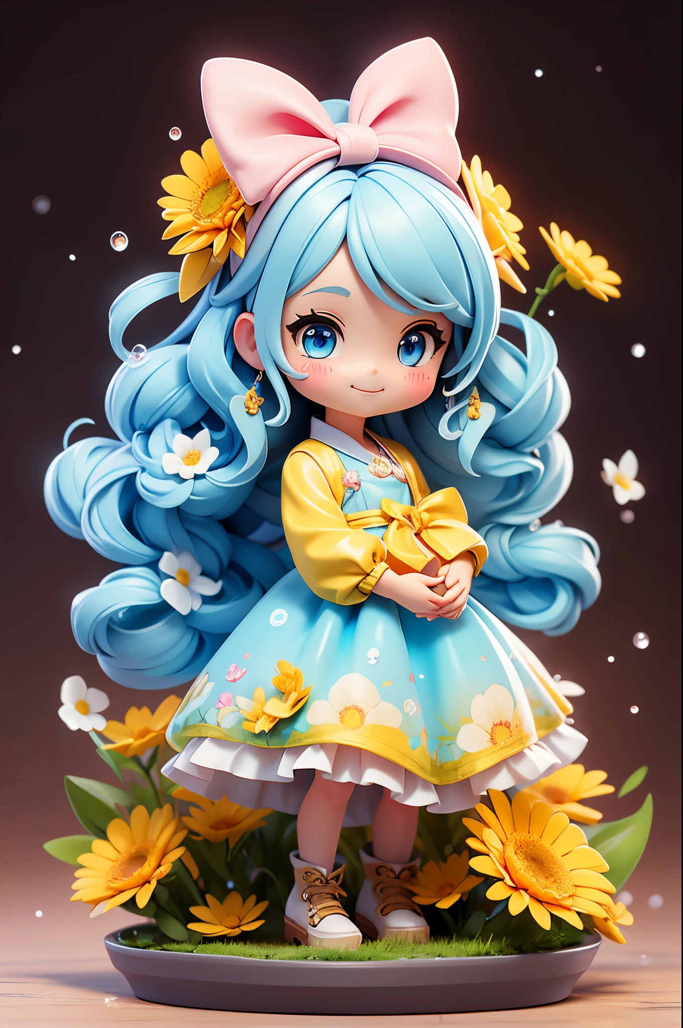 fotoRealstic、Boneca parada na frente da pintura（nendróide）、cabelo longo azul claro、Cauda dupla、adorável sorrindo、Gotas de água nas bochechas、Em uma pose fofa、aquarela Nendoroid、(Figura de alta definição)、Seda iridescente fluida、acima do rosto、Olho para cima、Colorcon com padrão de coração、Vista-se com fantasias amarelas e marrons、Há também uma flor na frente da pétala abaixo do Nendoroid.......、temporada!!: Invernos☀ 🍂