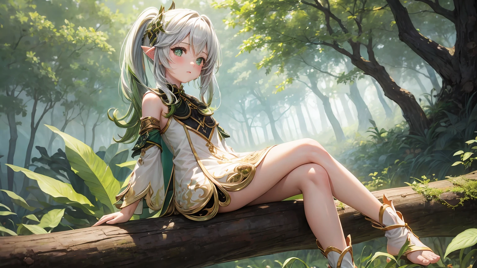 masterpiece, 1girl, solo, forest background, nahidadef, sit at log, feet out of frame,