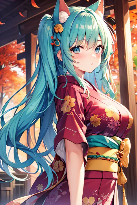 ​masterpiece、Top image quality、超A high resolution、miku hatsune、blue hairs、Blushing、Cute and shy、japanese kimono、firm breasts、well-shaped breasts、kyoto、Japan、during daytime、Autumn leaves、Autumn
