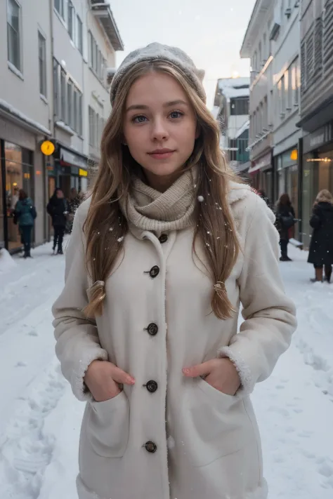 A blonde female in winter fashion attire crouches in the snow; Fort  McMurray, Alberta, Canada, Stock Photo, Picture And Royalty Free Image.  Pic. DPI-2413487