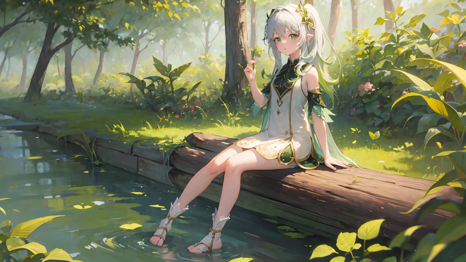 masterpiece, 1girl, solo, forest background, nahidadef, sit at log, feet out of frame