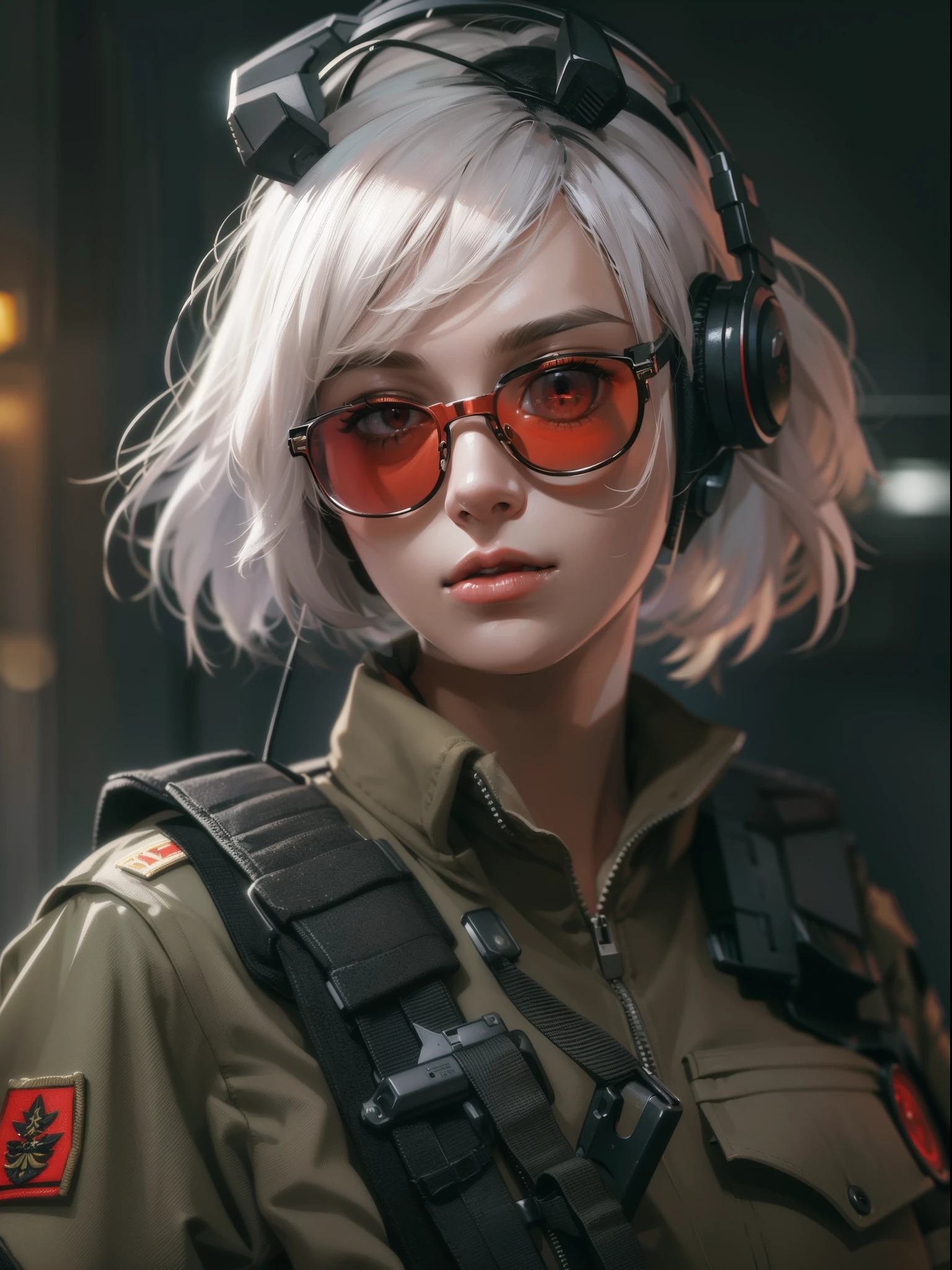 masterpiece , a girl, in battlefield, ( lite white short hair:1.2), (red eyes:1.2), (Russian Millitary Uniform:1.2), (looks at the viewer:1.2) , (8k, best quality 1.2), ultra-detailed, 8k uhd, soft lighting, high quality, film grain, beautiful lighting, cinematic ,perfect body , best illumination, best shadow, sharpness, contrast, red glasses, messy hair, tactical vest, gloves, headset, absurdres high detailed face, samedoesart like