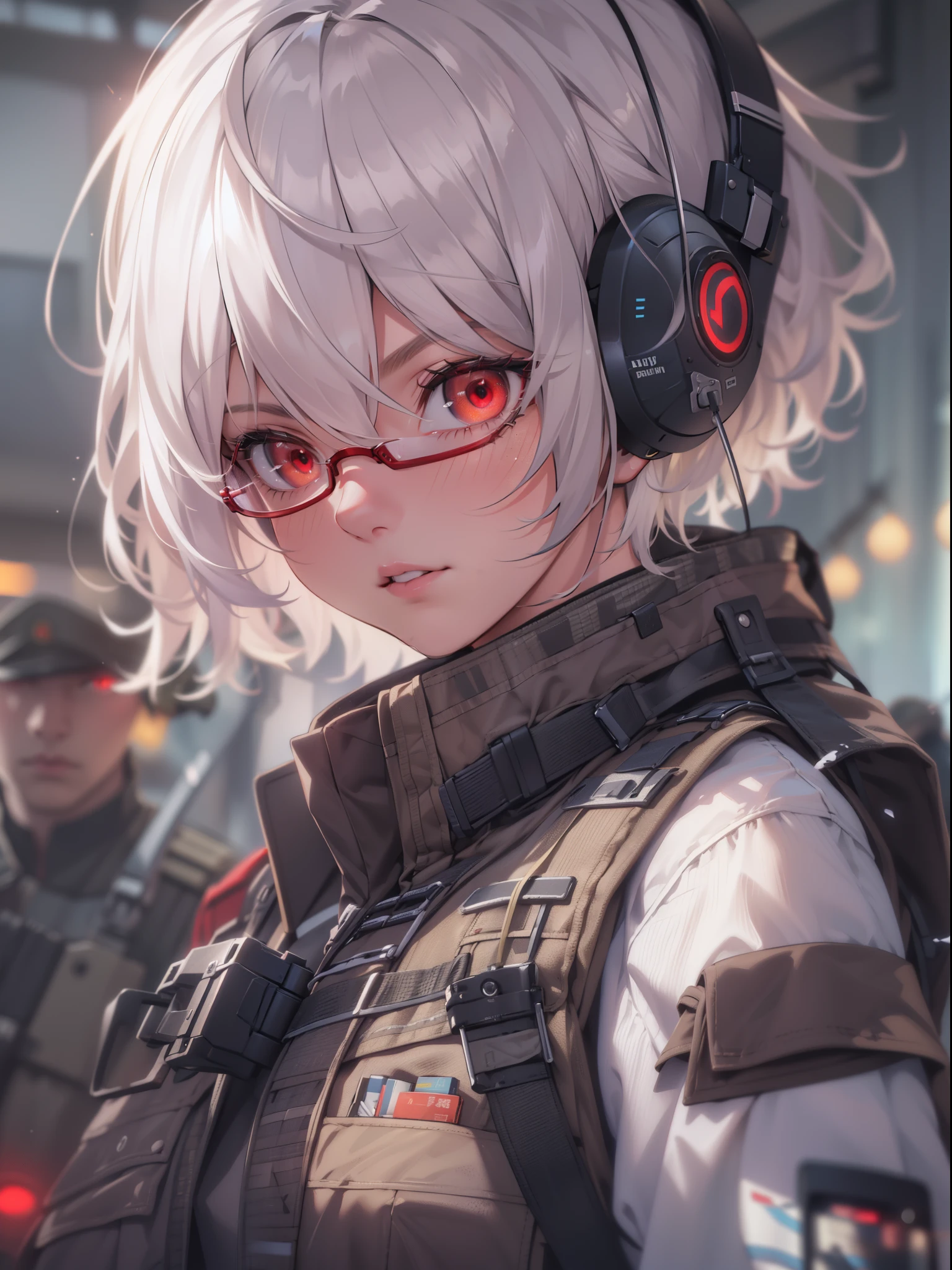 masterpiece , a girl, in battlefield, ( lite white short hair:1.2), (red eyes:1.2), (Russian Millitary Uniform:1.2), (looks at the viewer:1.2) , (8k, best quality 1.2), ultra-detailed, 8k uhd, soft lighting, high quality, film grain, beautiful lighting, cinematic ,perfect body , best illumination, best shadow, sharpness, contrast, red glasses, messy hair, tactical vest, gloves, headset, absurdres high detailed face, samedoesart like