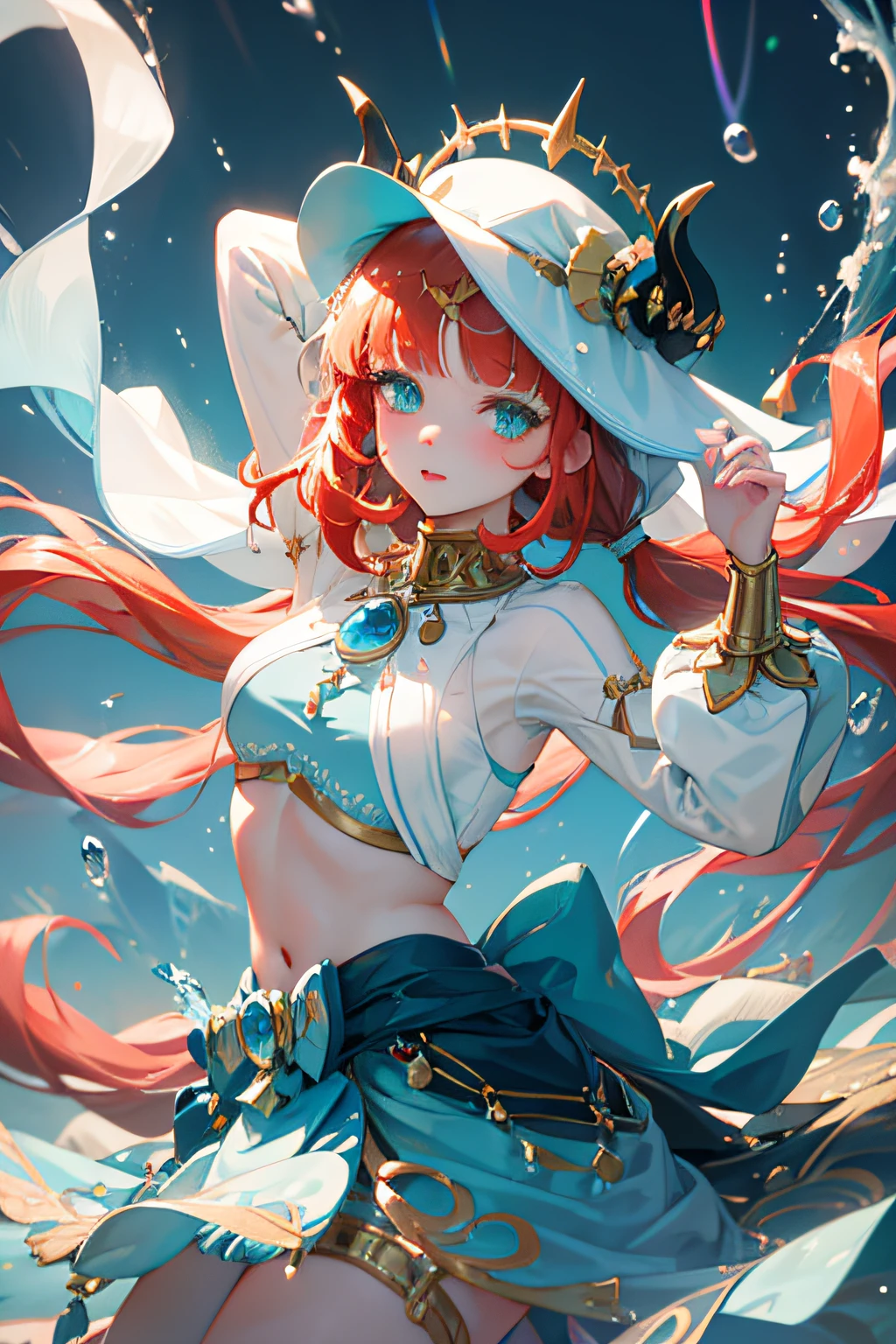 1 Girl solo, red hair clothing, Cyan eyes, Blue and white flowing clothes, golden accessories, dances, Sunnyday, iridescent light, glowing, rain drops