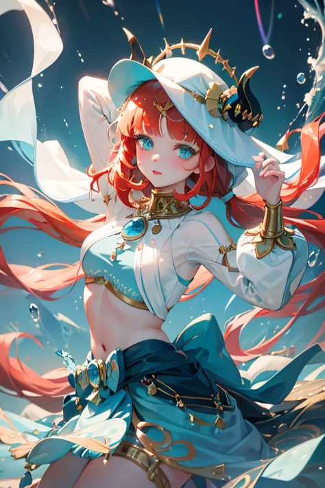 1 Girl solo, red hair clothing, Cyan eyes, Blue and white flowing clothes, golden accessories, dances, Sunnyday, iridescent ligh...