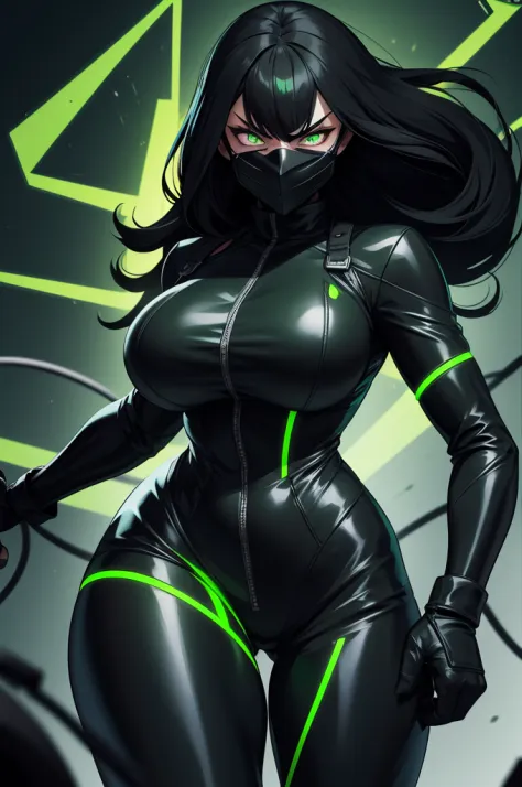 Strong woman villain, Angry face, Black mask over eyes, long black hair, Green glowing eyes, black Rubber bodysuit, Long black r...