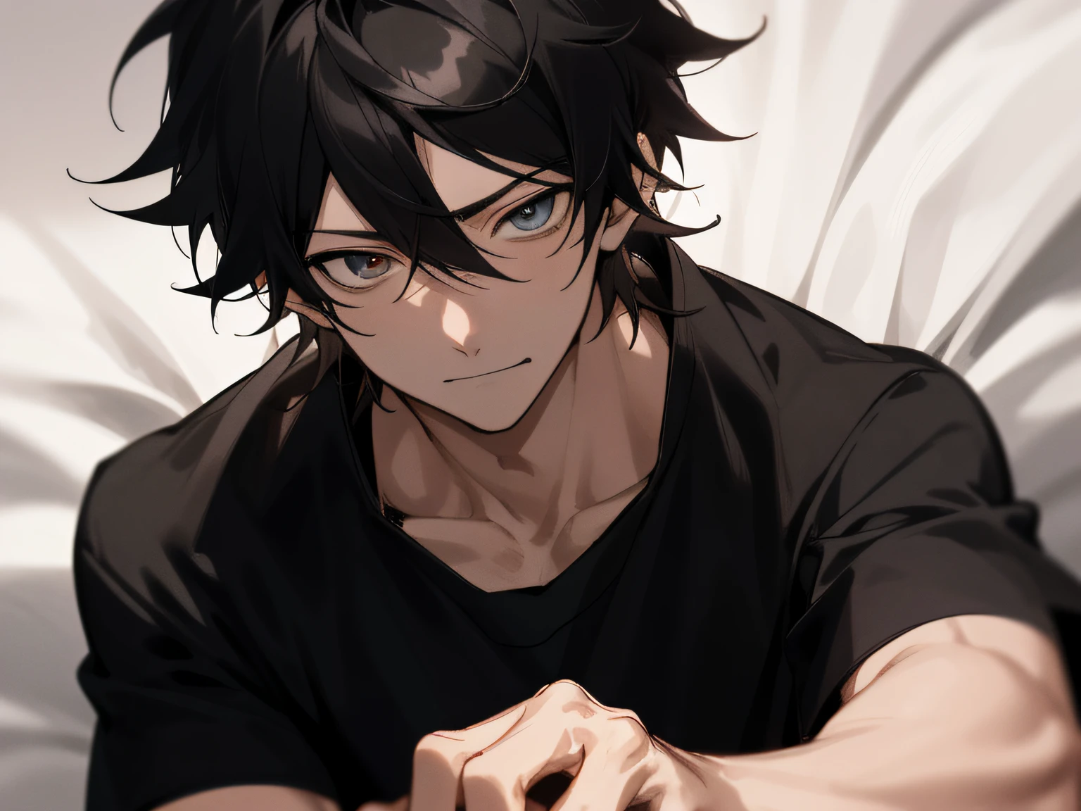 Anime guy with black hair and glasses sitting on a bed - SeaArt AI