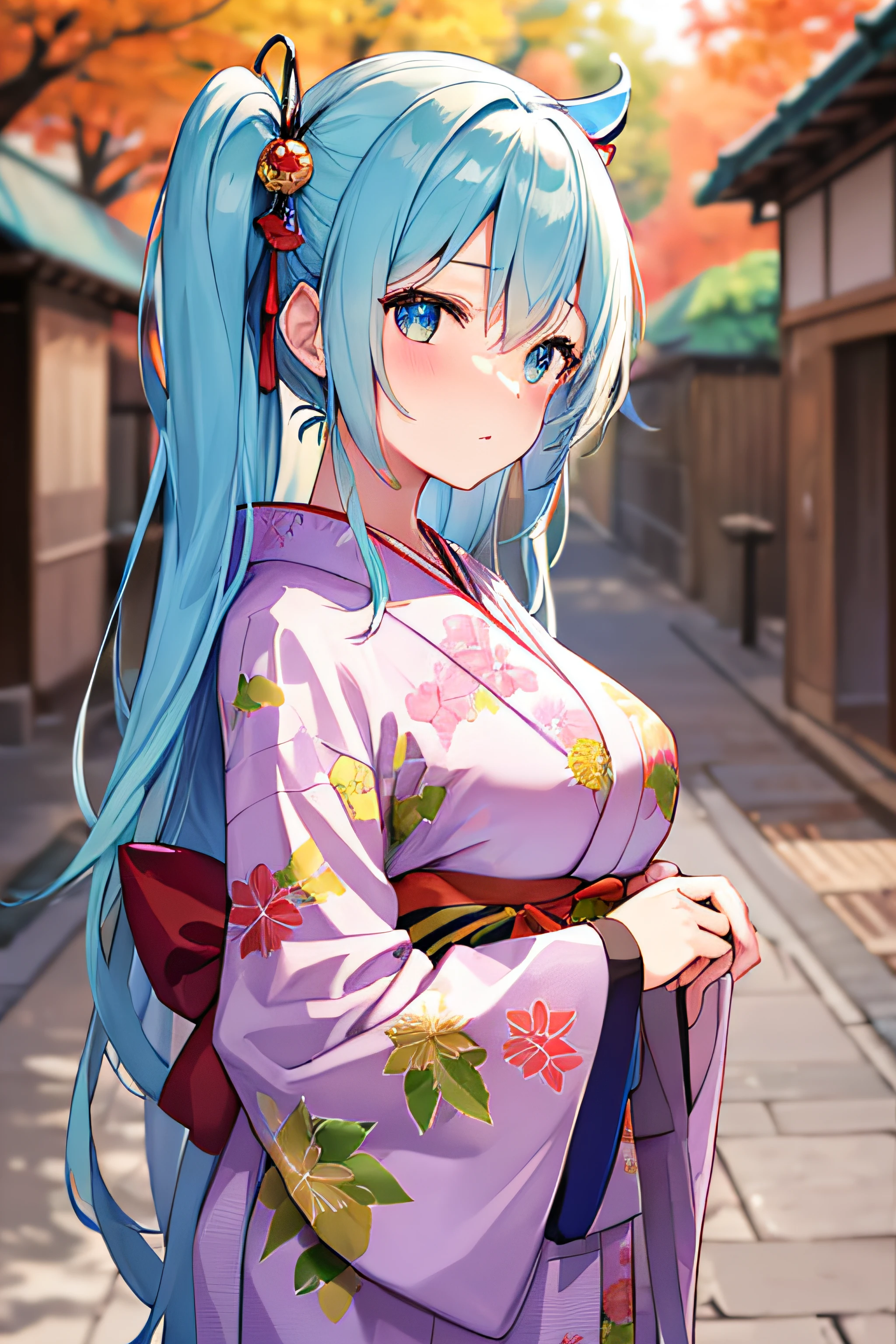 ​masterpiece、Top image quality、超A high resolution、miku hatsune、blue hairs、Twin-tailed、Blushing、Cute and shy、japanese kimono、firm breasts、well-shaped breasts、kyoto、Japan、during daytime、Autumn leaves、Autumn